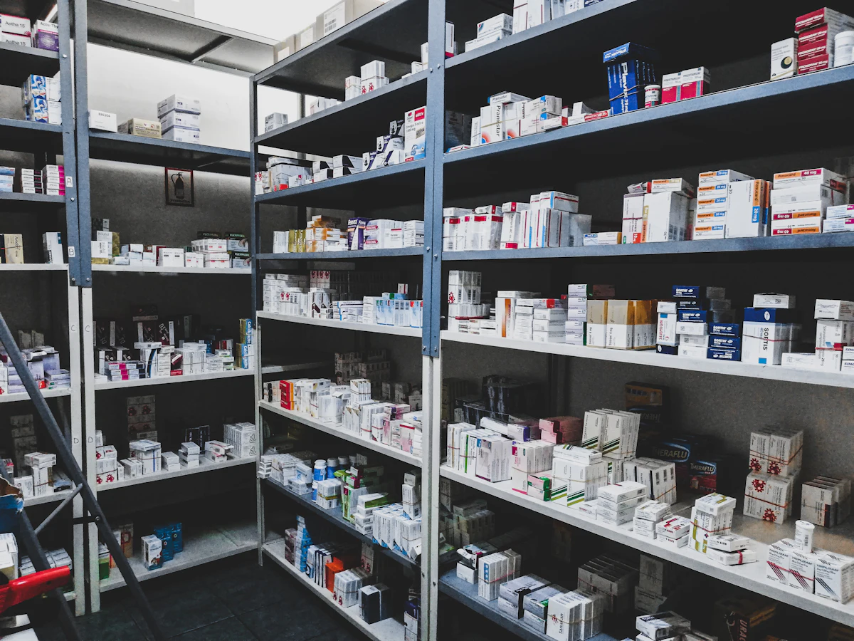 Shelves of stock in a pharmacy dispensary